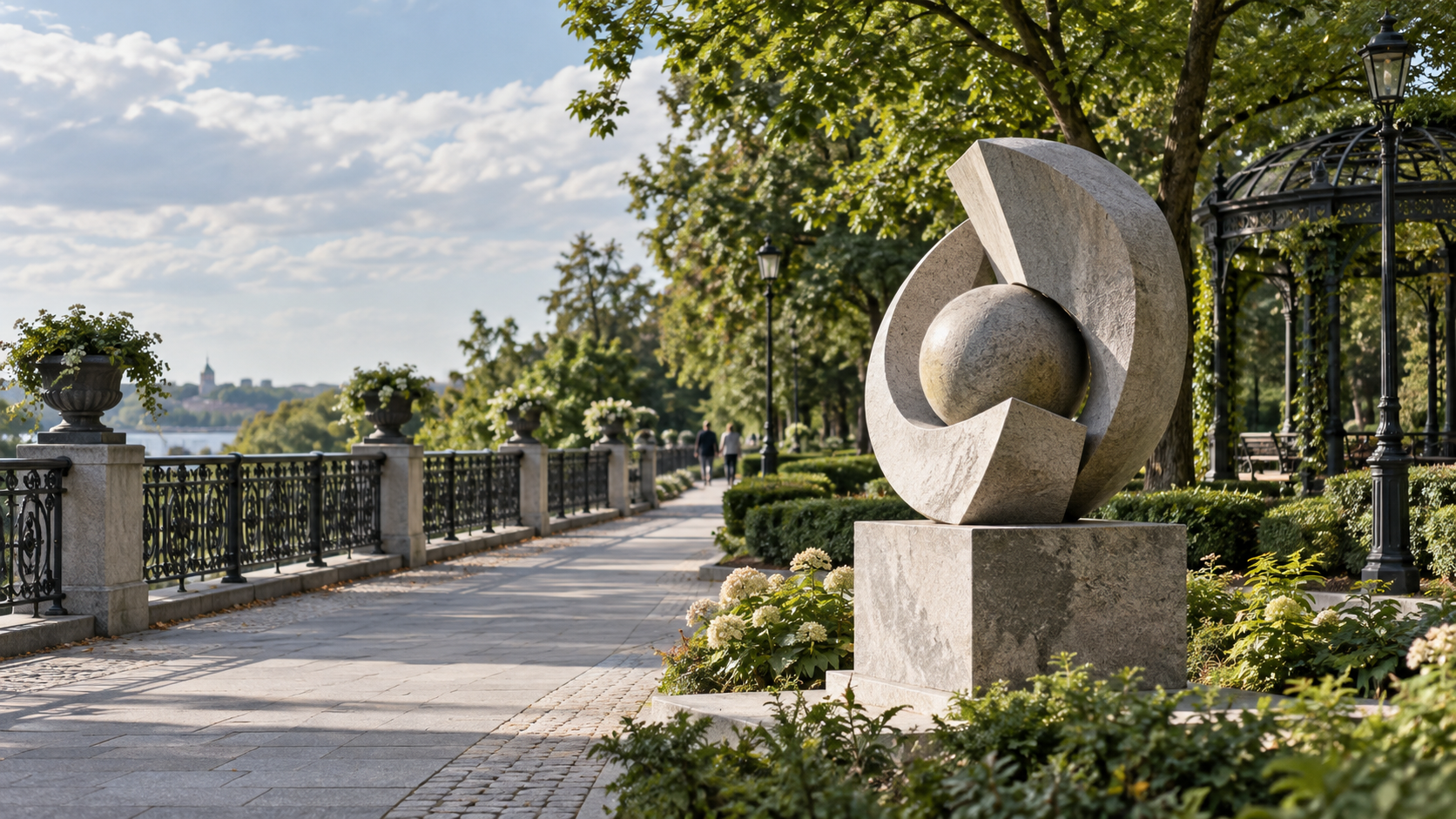 Парковая аллея с каменной скульптурой, чугунным ограждением и металлической перголой
